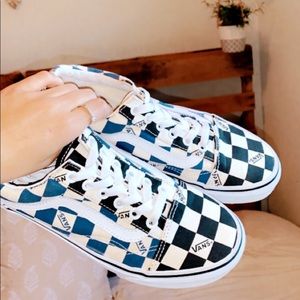 Blue and Black Checker Vans